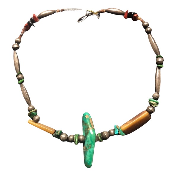 Jewelry - Vintage Navajo Bench beads sterling silver turquoise coral bone? Necklace